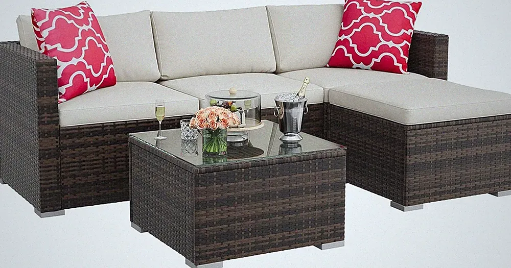5 Piece Outdoor Patio Rattan Wicker Sectional Sofa Set with Cushions for Deck