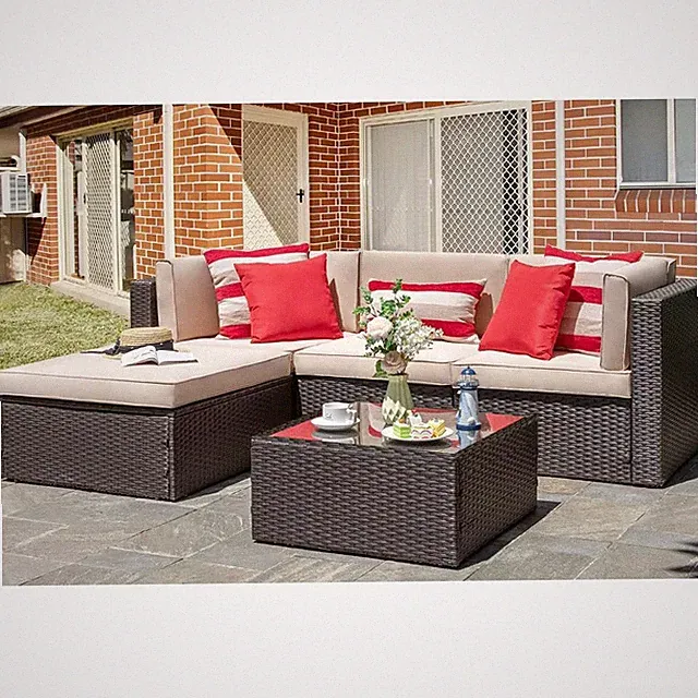 5-Piece Outdoor Patio Sectional Set with Weather-Resistant Rattan Sofa, Ottoman