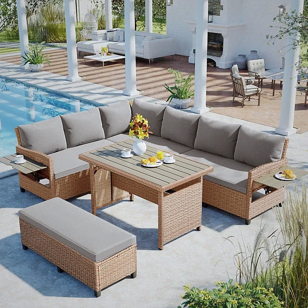 5-Piece Outdoor Patio Sectional Sofa Set w/ Tables & Covers, Brown