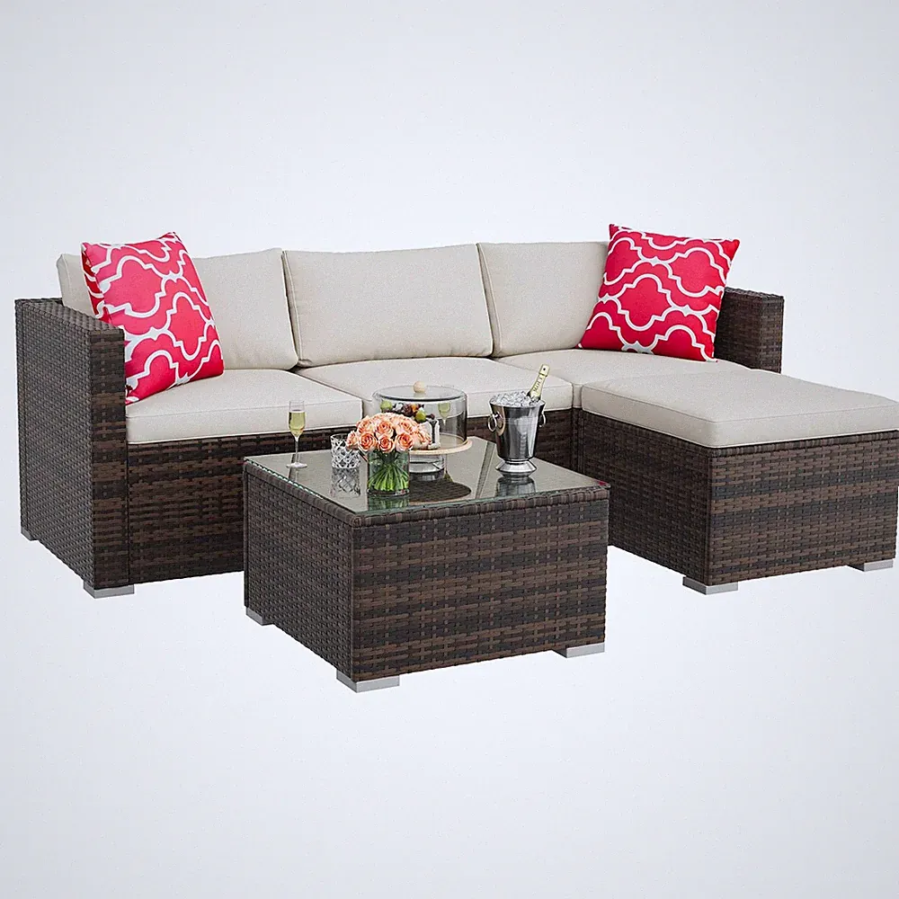5-Piece Outdoor Patio Sofa Set, PE Rattan All-Weather Furniture Sectional Sofa