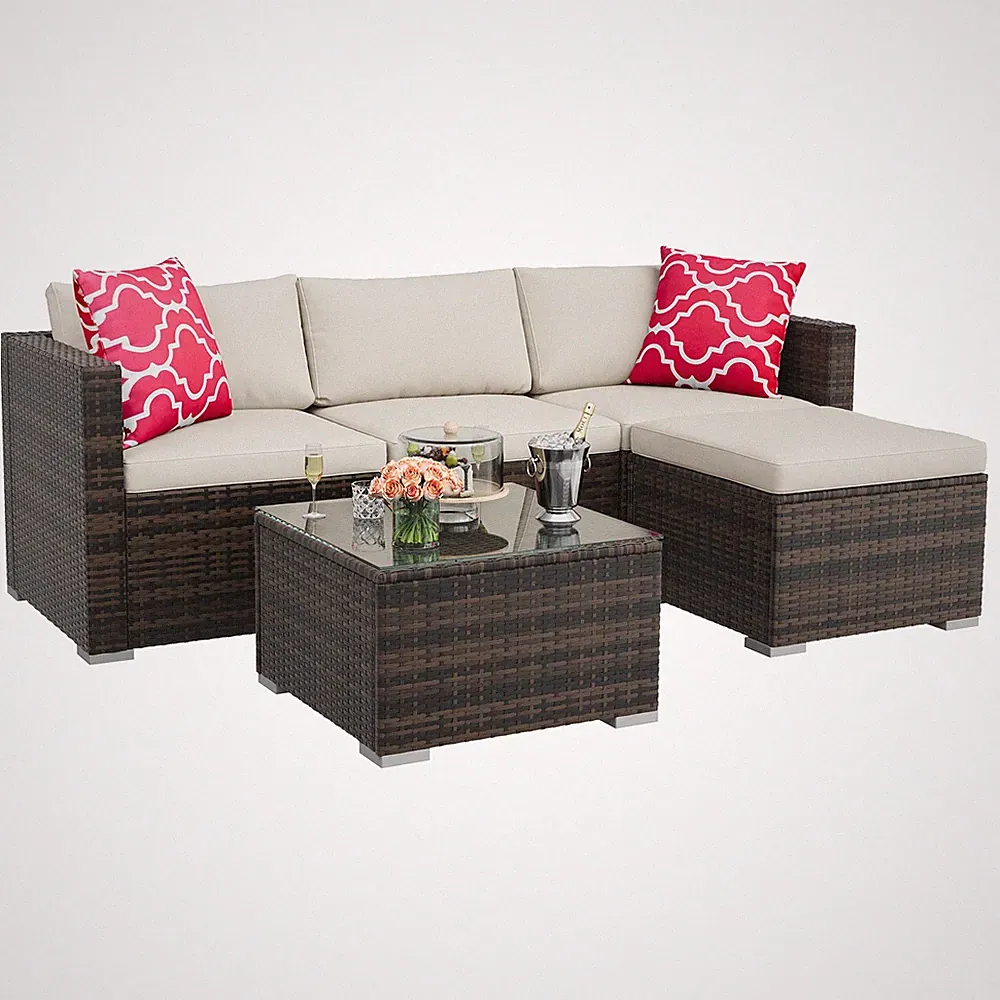 5 Piece Outdoor Patio Sofa Set Wicker Sectional Couch with Ottoman Coffee Table