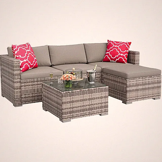 5 Piece Outdoor Patio Sofa Set Wicker Sectional Couch with Ottoman Coffee Table