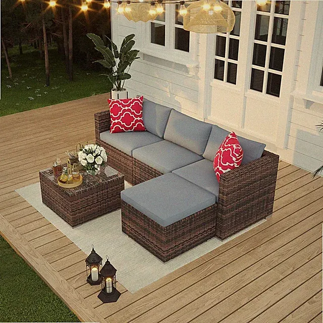5-Piece Outdoor PE Wicker Patio Furniture Set, Water-Resistant Sectional Sofa...