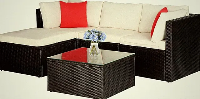 5-Piece Outdoor Rattan Sectional Sofa Set with Cushions & Glass Table, Khaki