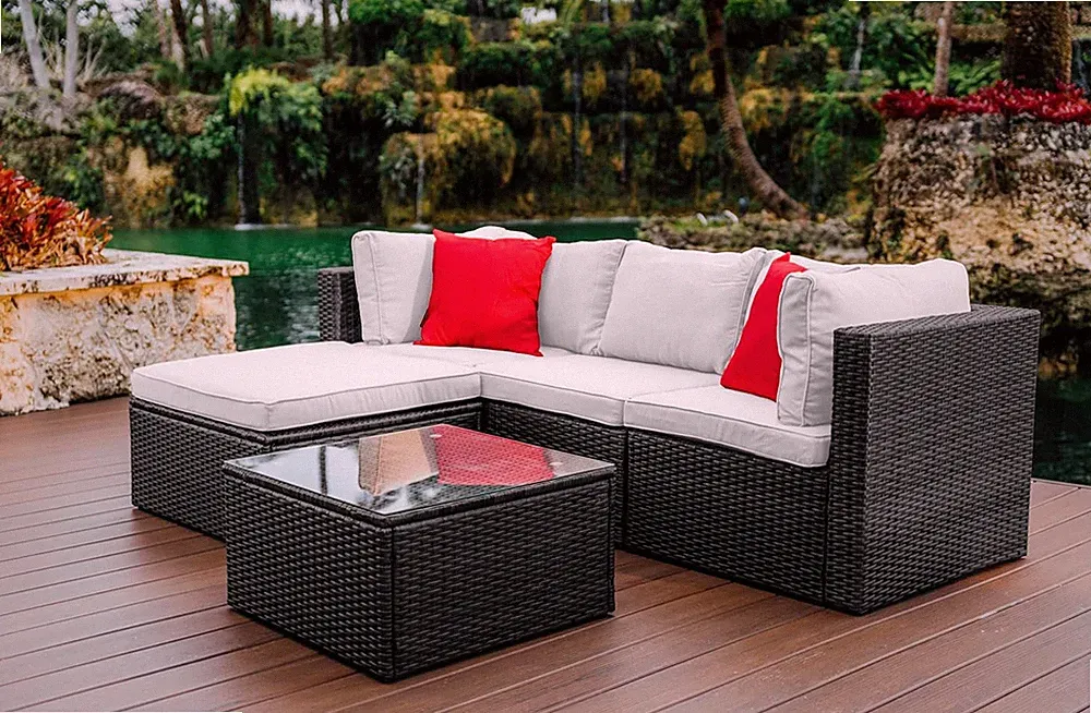 5-Piece Outdoor Sectional Patio Furniture Set - Black & Off-White Cushions