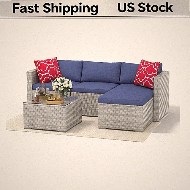 5-Piece Outdoor Sectional Set Rattan Sofa Ottoman Glass Storage Table Non-Slip