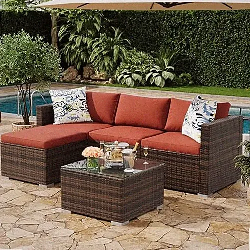 5-Piece Outdoor Sectional Sofa Set, All-Weather PE 5 Pieces Brown/Wine Red