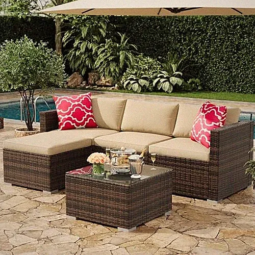 5-Piece Outdoor Sectional Sofa Set, All-Weather PE Rattan 5 Pieces Brown/Khaki