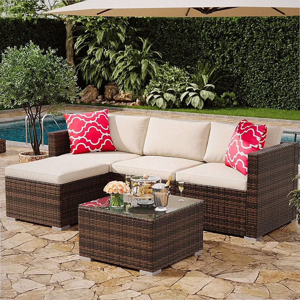 5-Piece Outdoor Sectional Sofa Set, All-Weather PE Rattan Patio Furniture with O