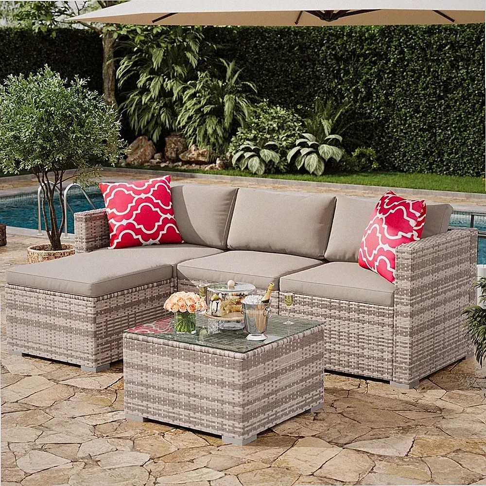 5-Piece Outdoor Sectional Sofa Set, All-Weather PE Rattan Patio Furniture with O