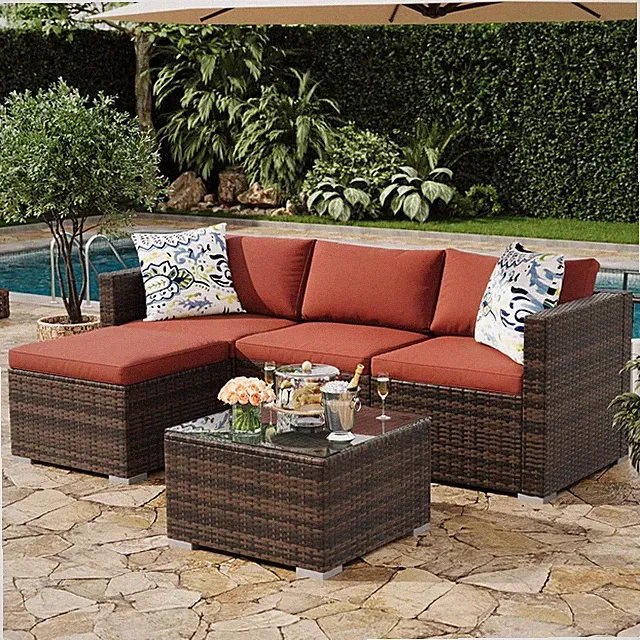 5-Piece Outdoor Sectional Sofa Set PE Rattan Patio Furniture with Ottoman Table