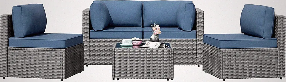 5-Piece Outdoor Wicker Sectional Sofa Set - All-Weather Gray & Aegean Blue