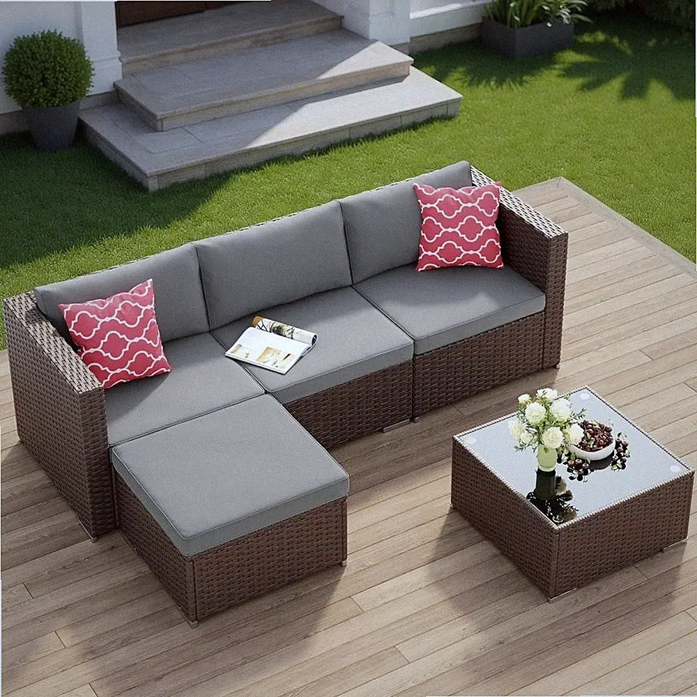 5-piece Outdoor Wicker Sectional Sofa Set with Cushions & Glass Table, Grey