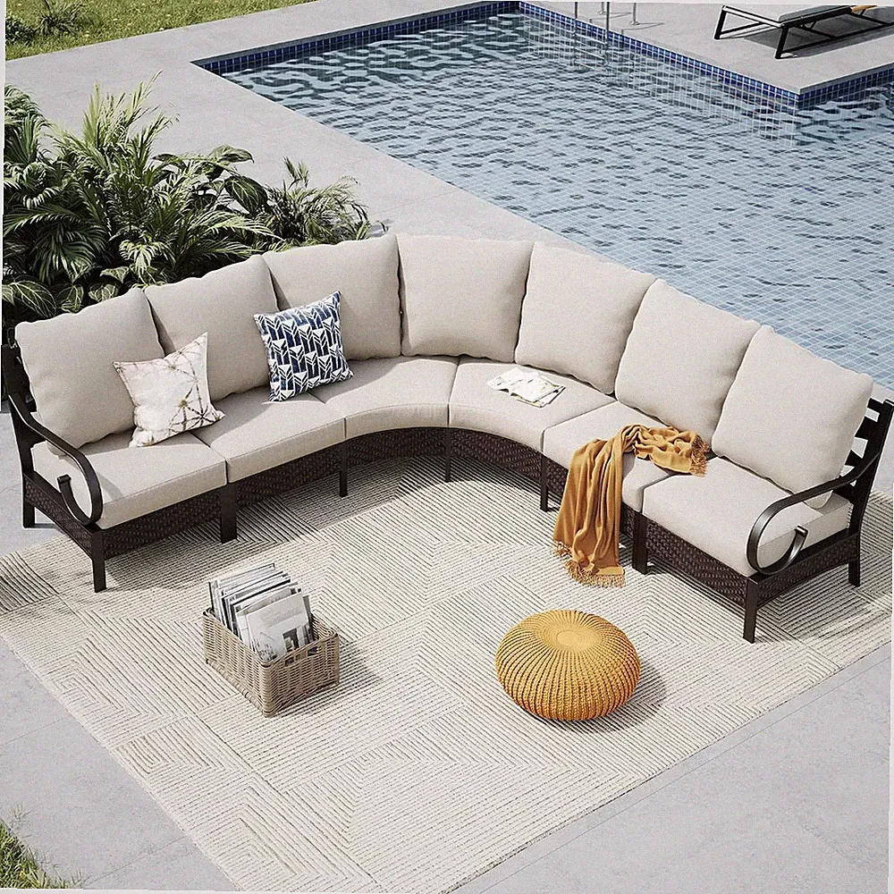 5 Piece Patio Curved Metal Sectional Furniture Set with Cushions | 6 Person Half
