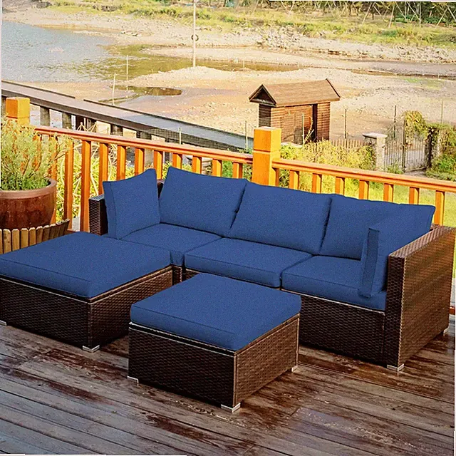 5 Piece Patio Furniture Set, Outdoor Sectional Rattan Sofa Set with Cushions and