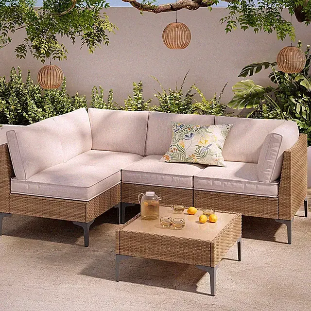 5-Piece Patio Furniture Set, Outdoor Wicker Sectional Sofa with Coffee Table, An