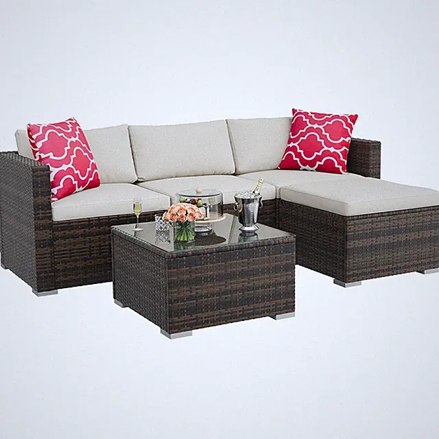 5 Piece Patio Furniture Set, Wicker Sectional Sofa with Cushions & Coffee Table