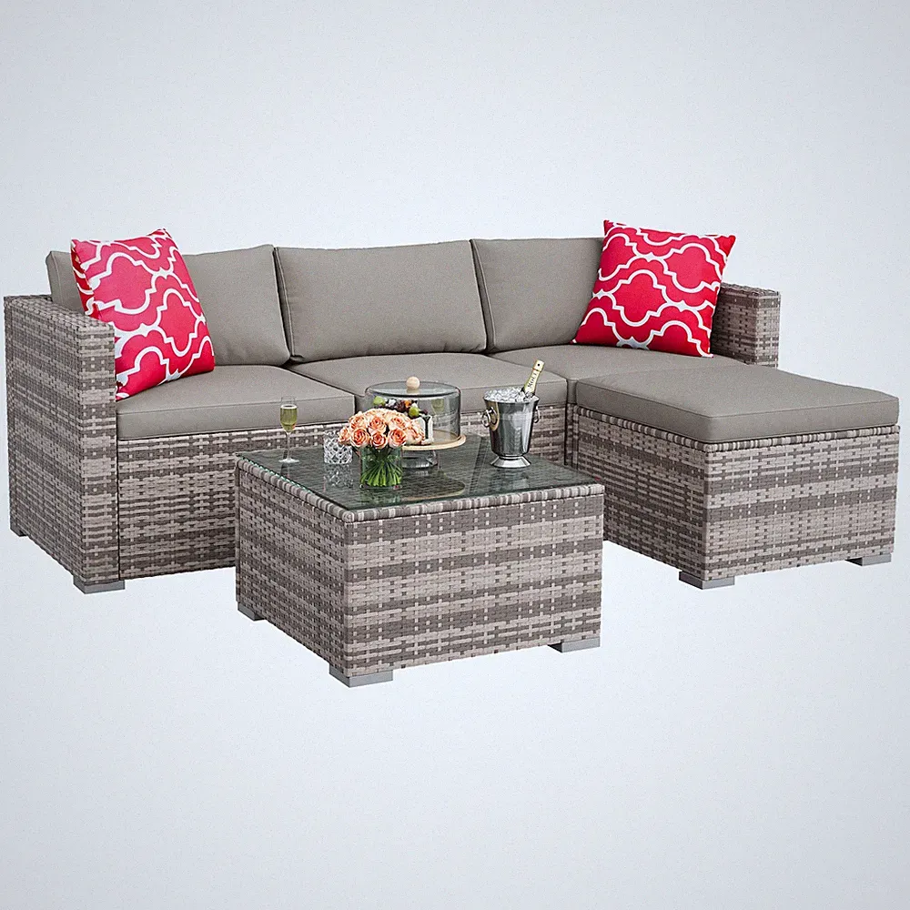 5 Piece Patio Furniture Set, Wicker Sectional Sofa with Cushions & Coffee Table