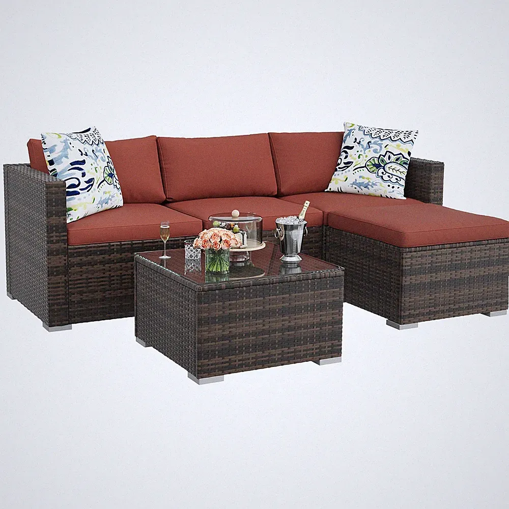 5 Piece Patio Furniture Set, Wicker Sectional Sofa with Cushions & Coffee Table