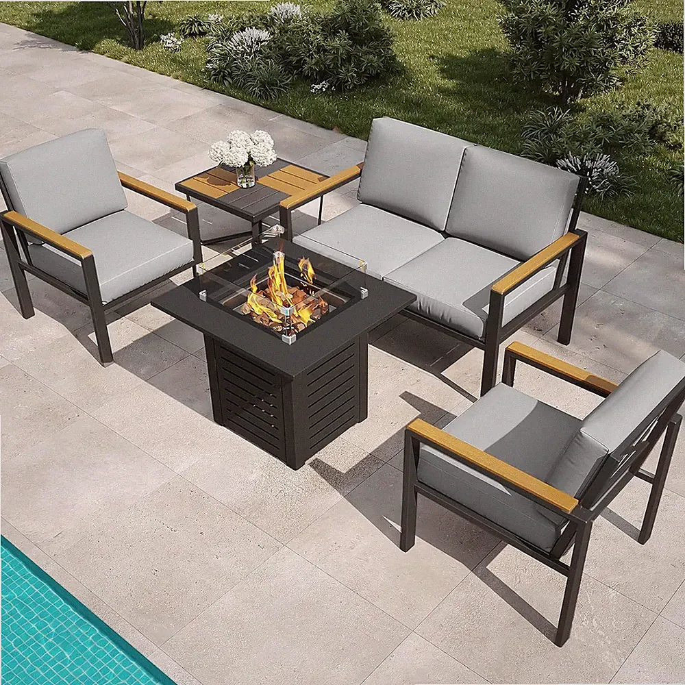 5-Piece Patio Furniture Set with 28” Propane Fire Pit Table, Heavy-Duty Metal Ou