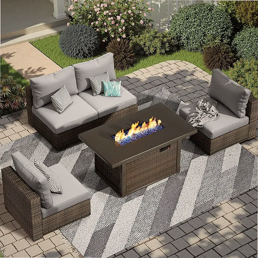 5 Piece Patio Furniture Set with Fire Pit Table, Outdoor Sectional Sofa PE Ratta