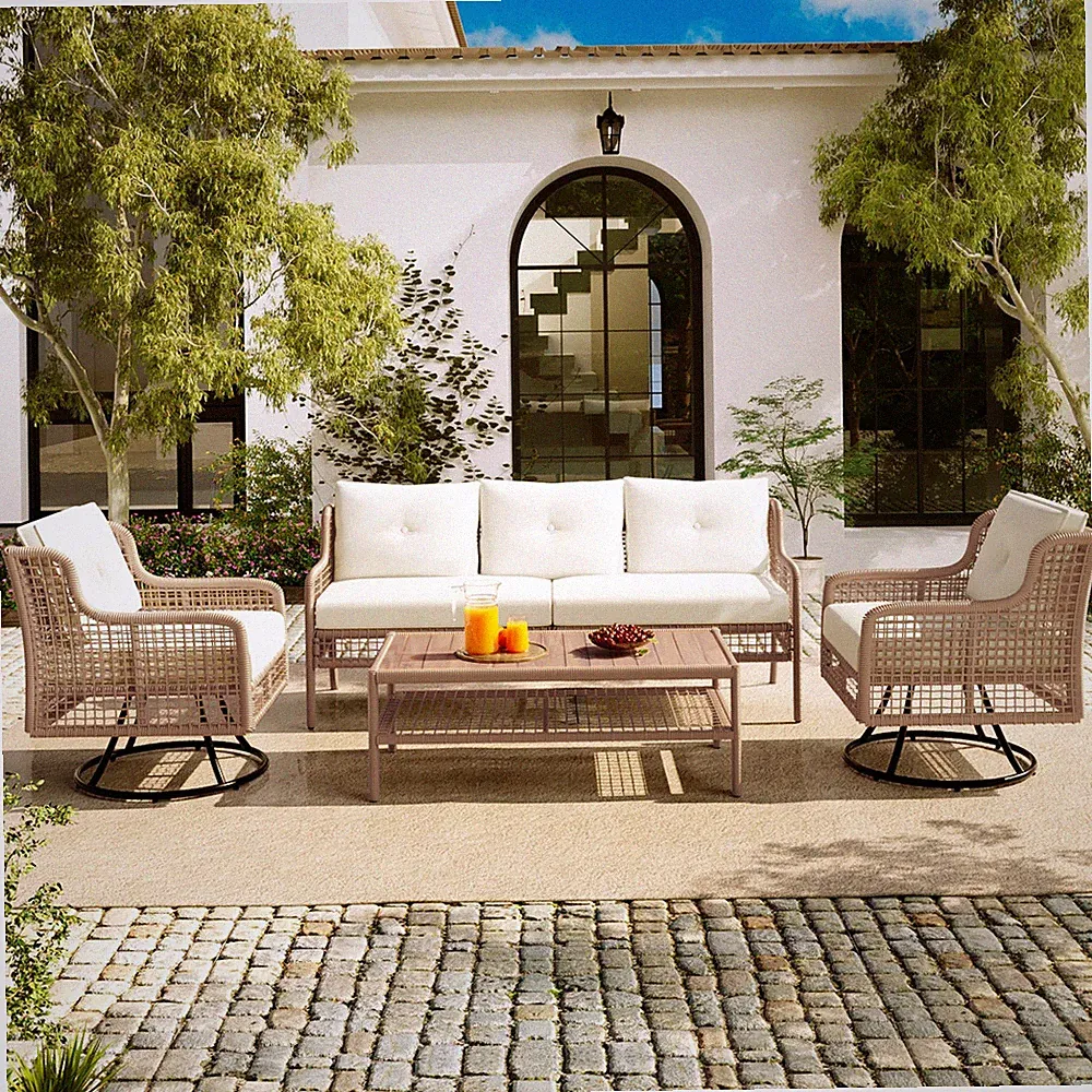 5-Piece Patio Furniture Set with Swivel Chairs, Beige Wicker Sectional Sofa