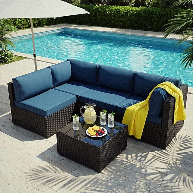 5 Piece Patio Furniture Sets, Low Back All-Weather Rattan Sectional Sofa with Te