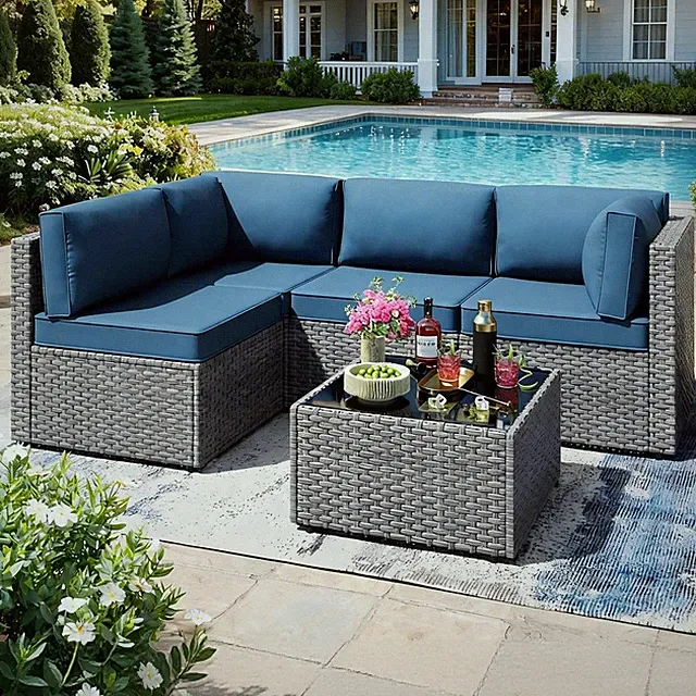 5 Piece Patio Furniture Sets, Low Back All-Weather Rattan Sectional Sofa with Te