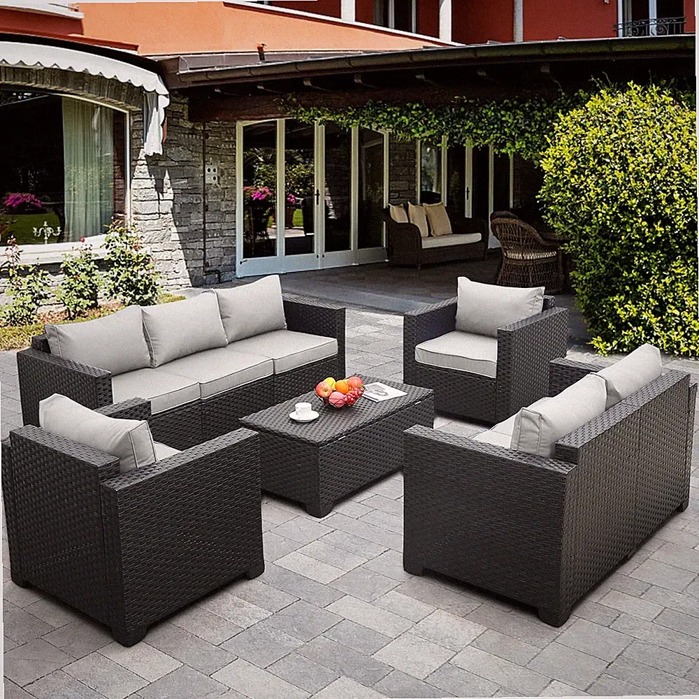 5-Piece Patio Furniture Sofa Set Outdoor Wicker Sectional Couch with Storage Tab