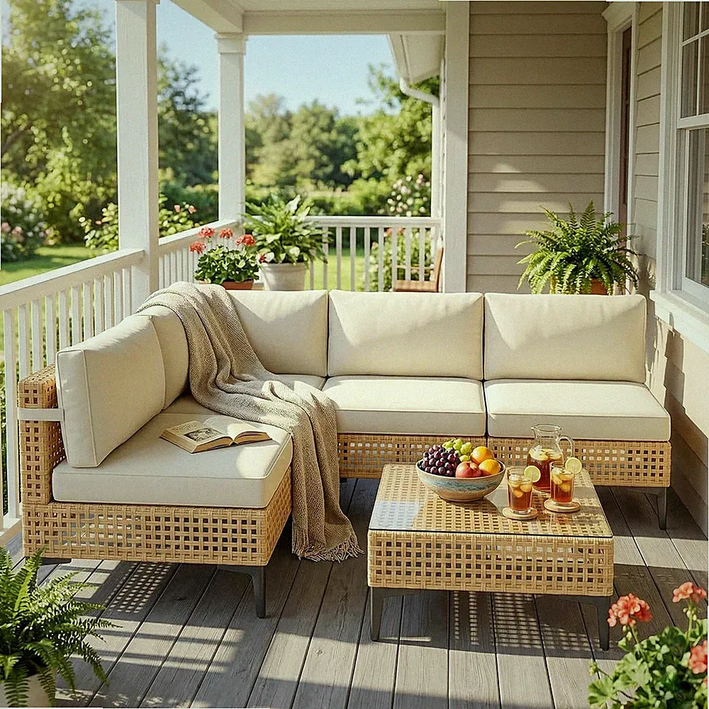 5 Piece Patio Furniture Wicker Modular Design Outdoor Sectional with Thick Cushi
