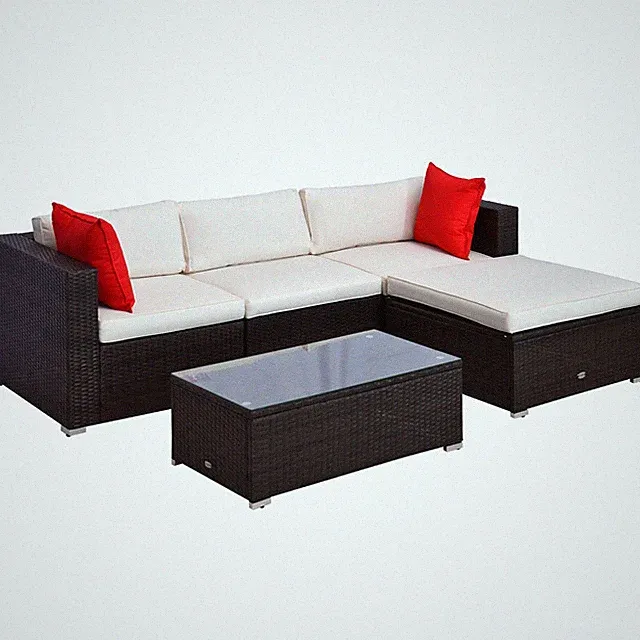 5-Piece Patio Sectional Set with Ottoman & Glass Table 395lb Cream