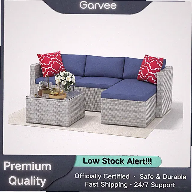 5-Piece PE Rattan Outdoor Sofa Set Ottoman Glass Table Waterproof Cushions Garde
