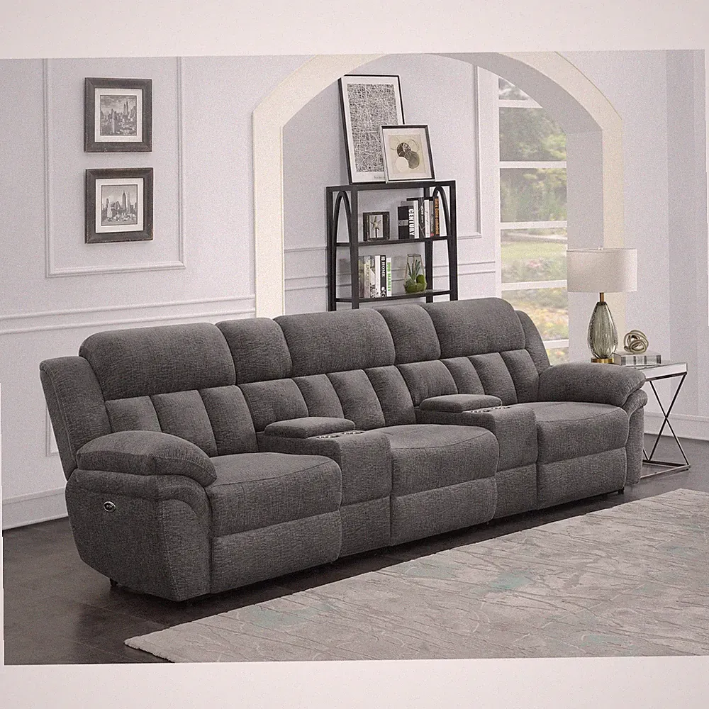 5-Piece Power Home Theater Seating Set, Charcoal Fabric, 3 Recliners