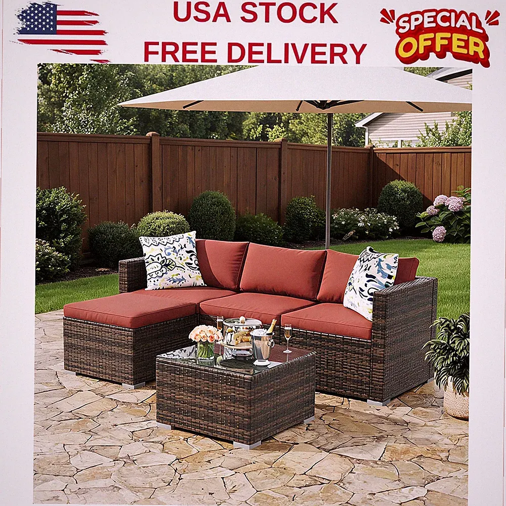 5-Piece Rattan Patio Furniture Set Outdoor Sectional Sofa W/Coffee Table,Cushion