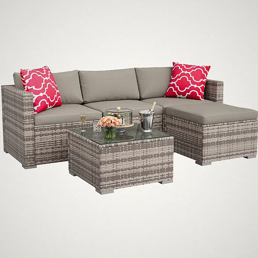5 Piece Rattan Patio Sofa Set,Sectional Conversation Sofa with Cushions + Table