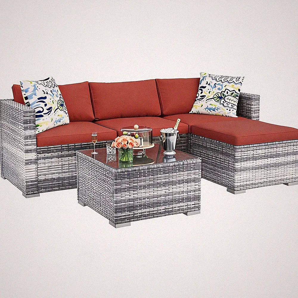 5 Piece Rattan Patio Sofa Set,Sectional Conversation Sofa with Cushions + Table