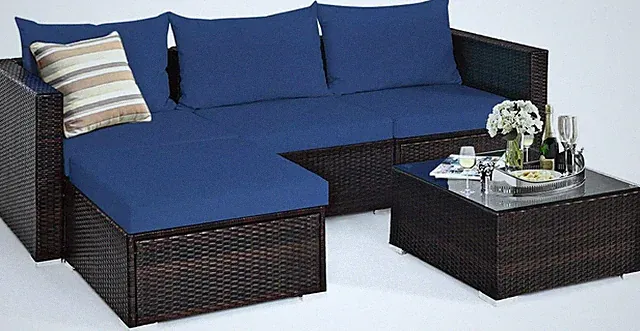5-Piece Wicker Patio Furniture Set with Glass Table, Seats 4, 360 lbs Capacity