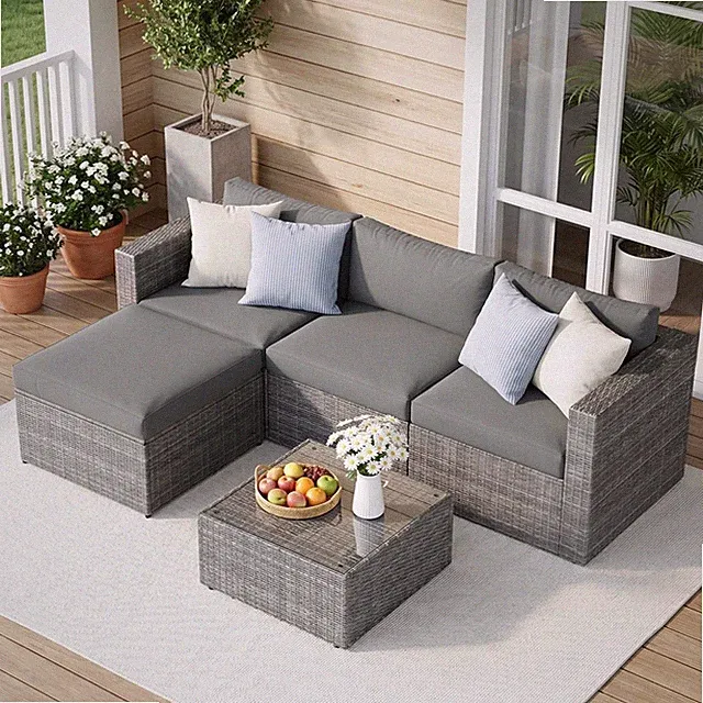 5-Piece Wicker Sectional Sofa w/ Cushions & Glass Table, Grey