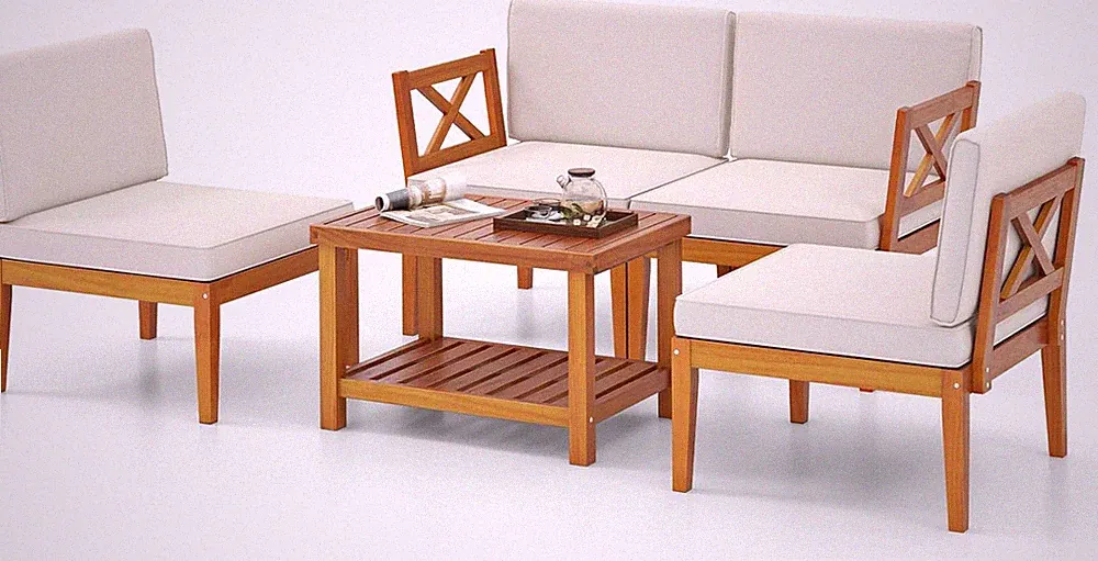 5 Pieces Acacia Wood Patio Furniture Set, Outdoor Sectional Conversation Set wit