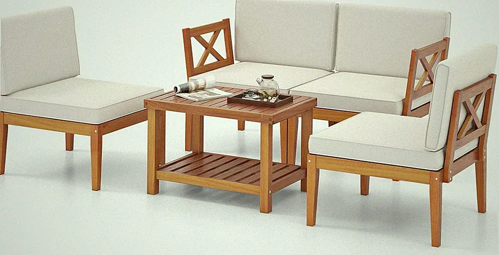 5 Pieces Acacia Wood Patio Furniture Set, Outdoor Sectional Conversation Set wit