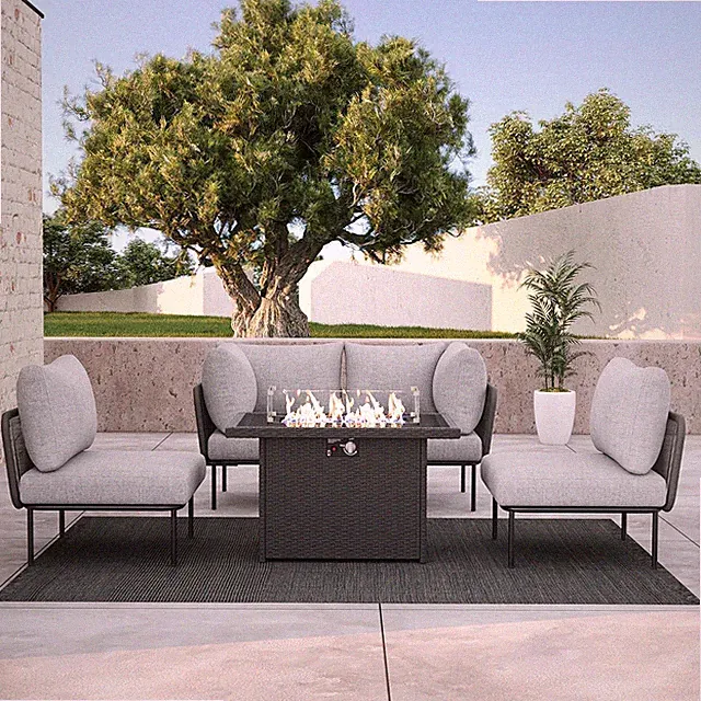 5 Pieces Aluminum Patio Furniture Set, Modern Modular Sectional Sofa with Fire P