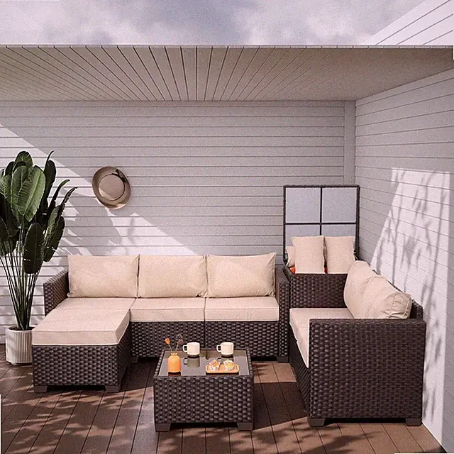 5 Pieces Brown Wicker Patio Furniture Set Outdoor Sectional Conversation Sofa Se