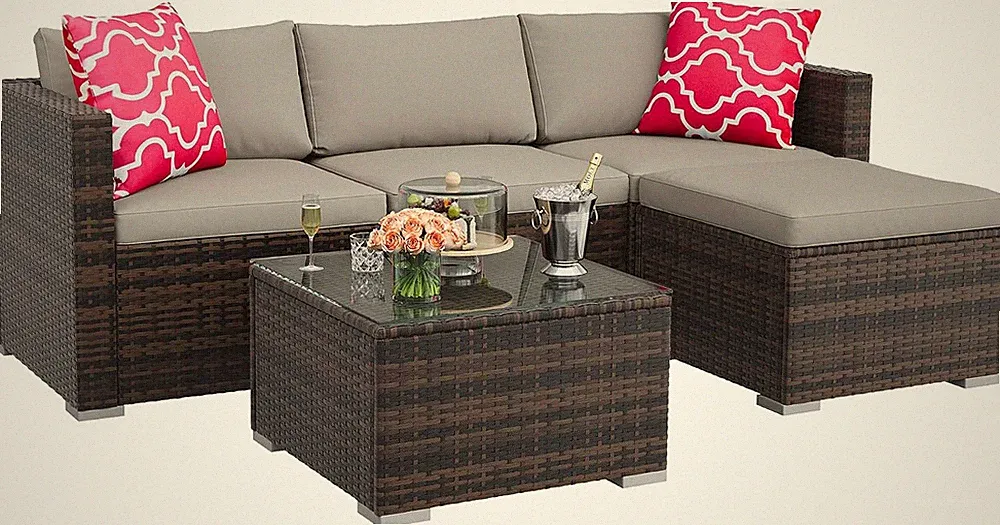 5 Pieces Outdoor Patio Furniture Set, All Weather Wicker Rattan Sectional Sofa
