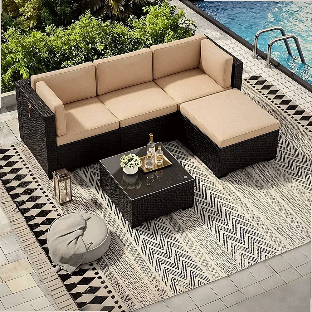 5 Pieces Outdoor Patio Furniture Sets, All Weather Wicker Rattan Sectional Patio