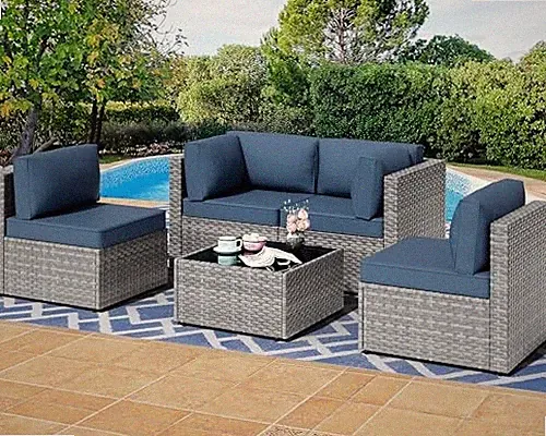 5 Pieces Outdoor Patio Furniture Sets, Patio Sectional Aegean Blue/5 Pieces