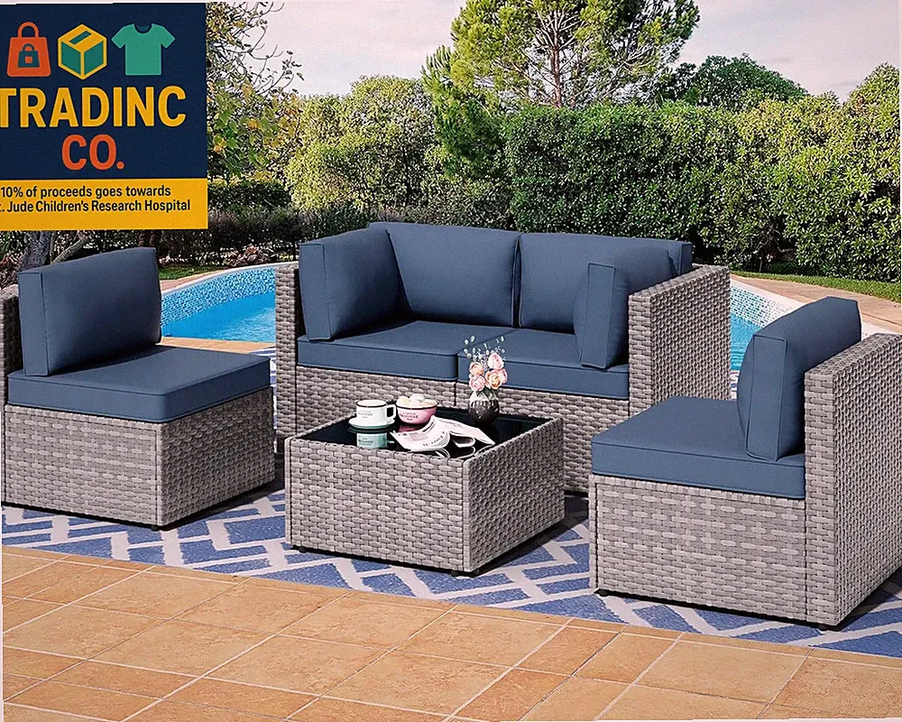 5 Pieces Outdoor Patio Furniture Sets, Patio Sectional Sofa Couch, Gray PE Wicke