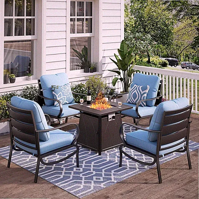 5 Pieces Patio Conversation Sets Outdoor Metal Furniture Sofas with Fire Table