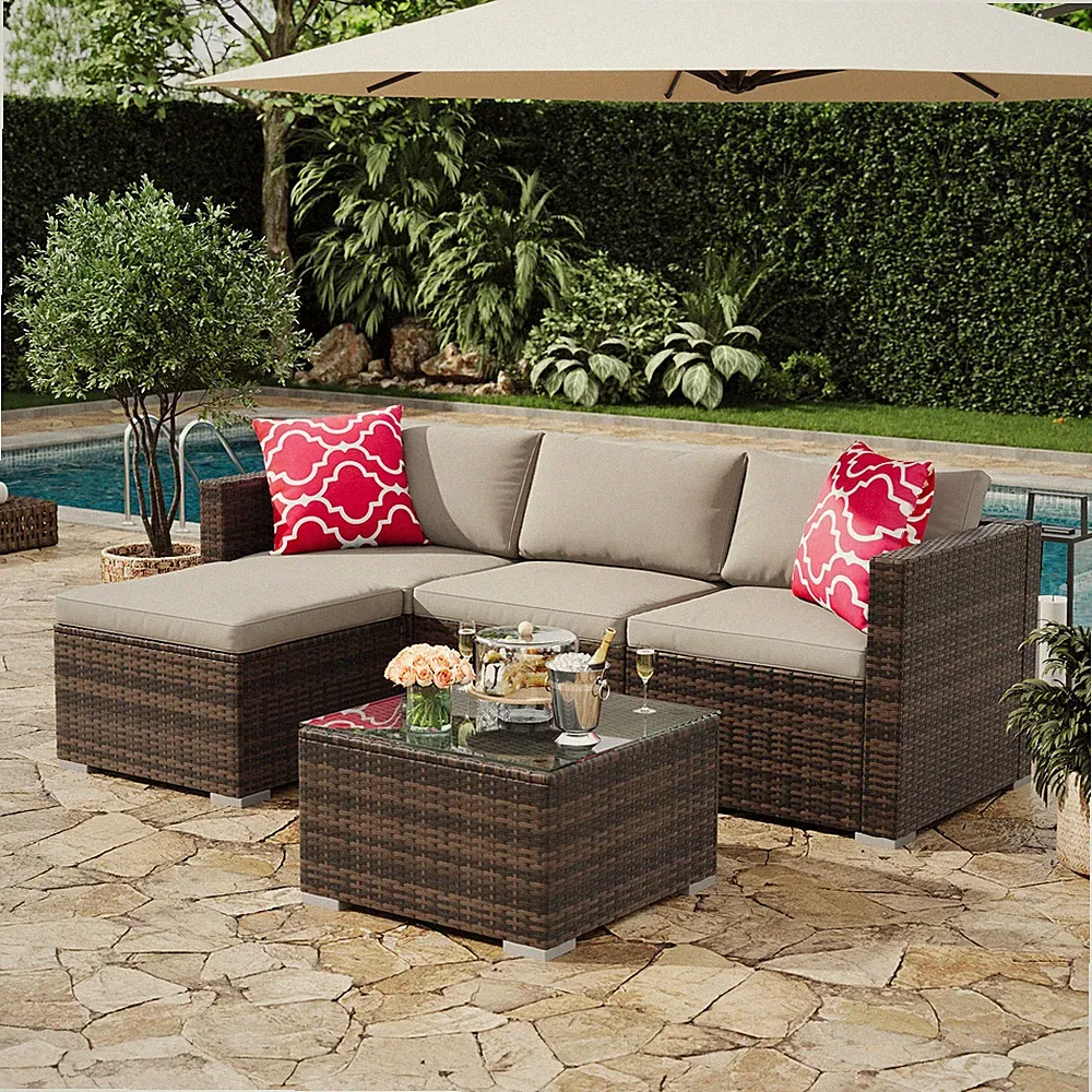 5 Pieces Patio Furniture Set All-Weather Wicker Sectional Sofa For Garden Porch