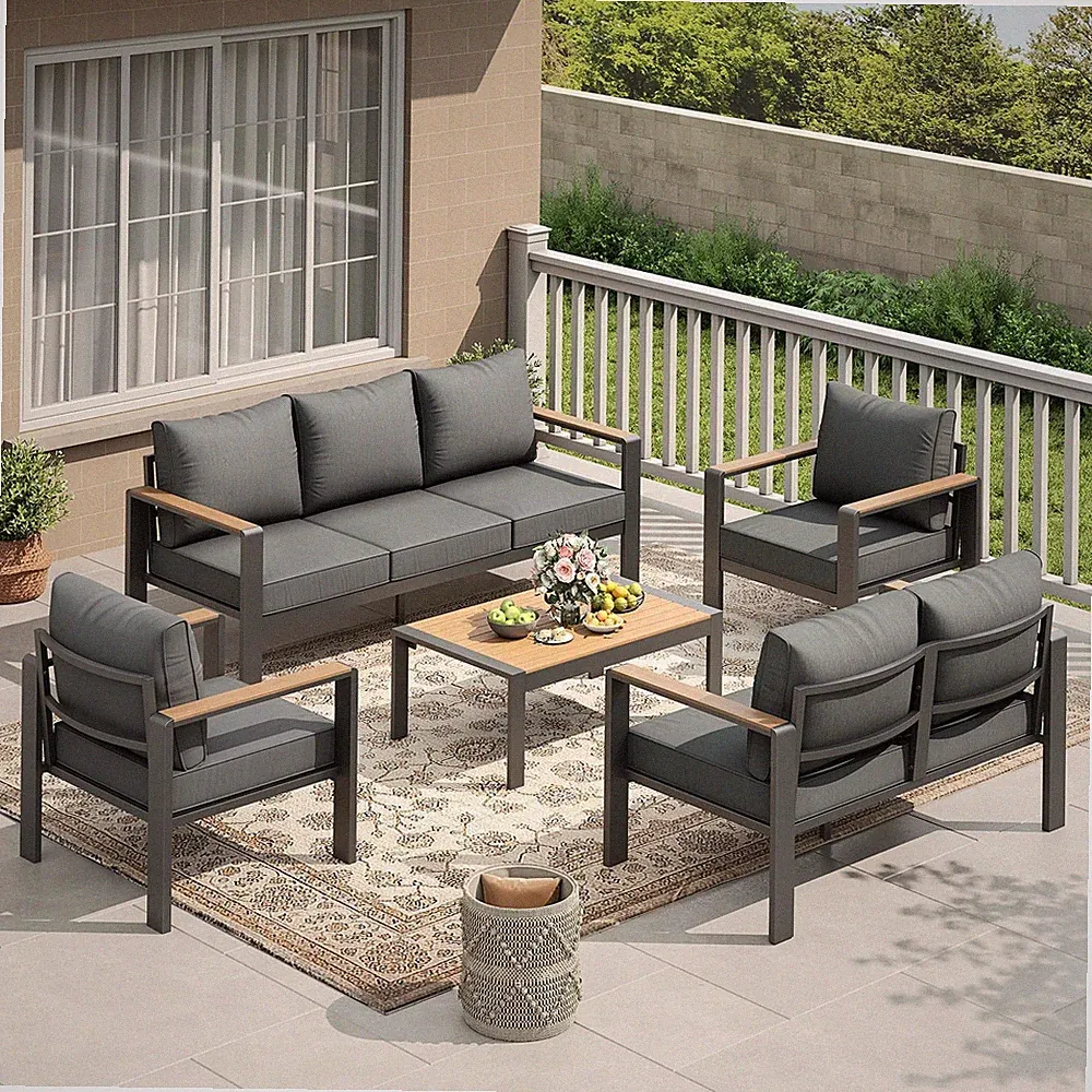 5-Pieces Patio Furniture Set Outdoor Sectional Sofa Metal Sofa W/ Table 7 Seats