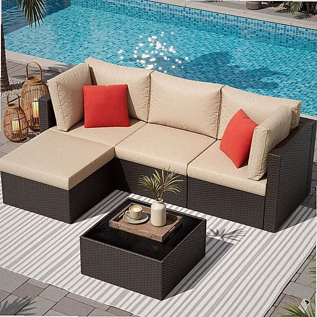 5 Pieces Patio Furniture Sets Outdoor All-Weather Sectional Patio Sofa Set PE Ra